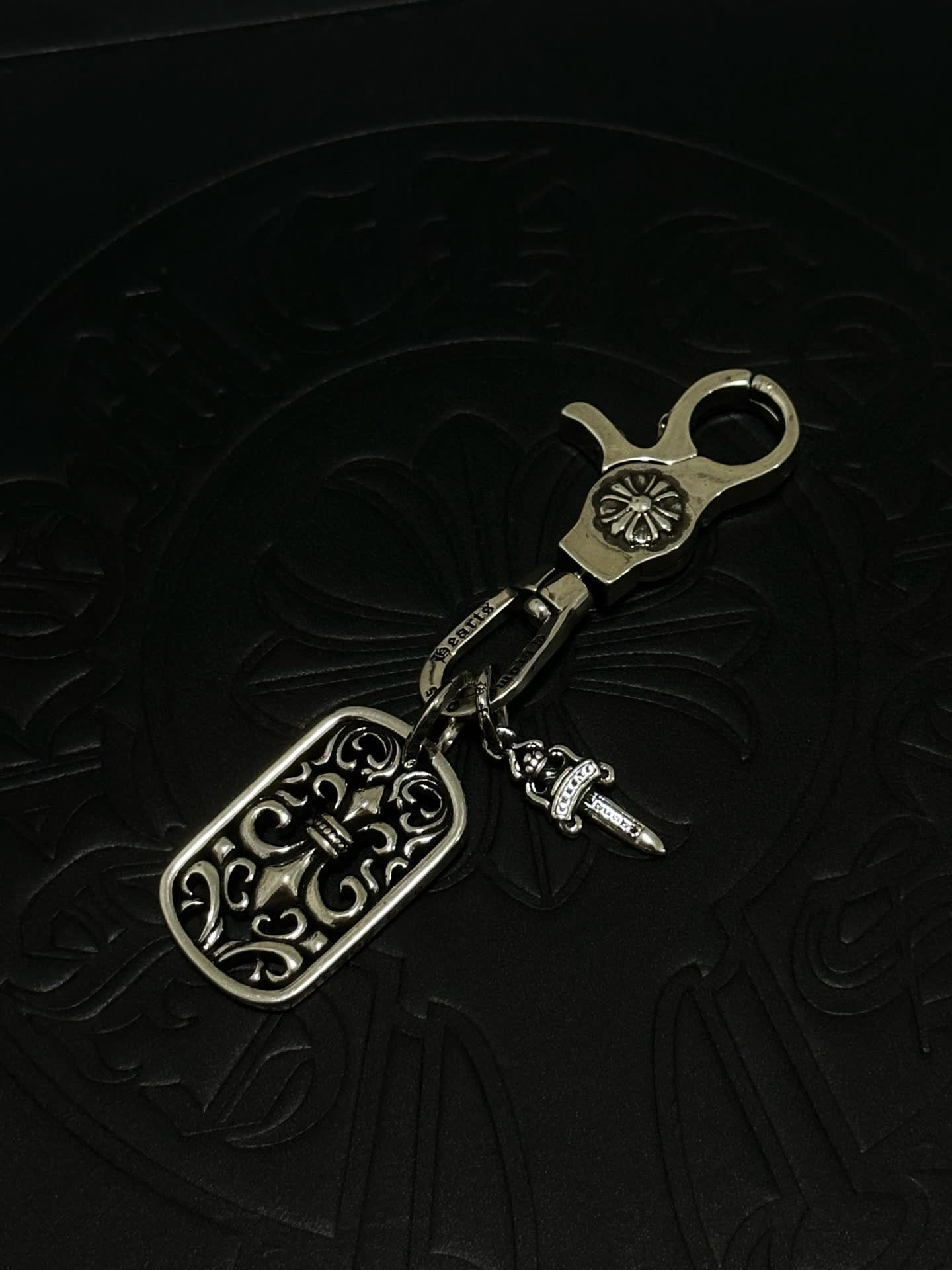 Chrome Hearts Charm Keychain with Fleur-de-lis and Dagger